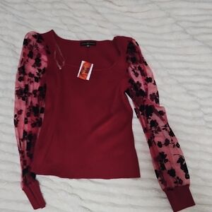 Almost Famous Red Blouse with Black Floral Sleeves